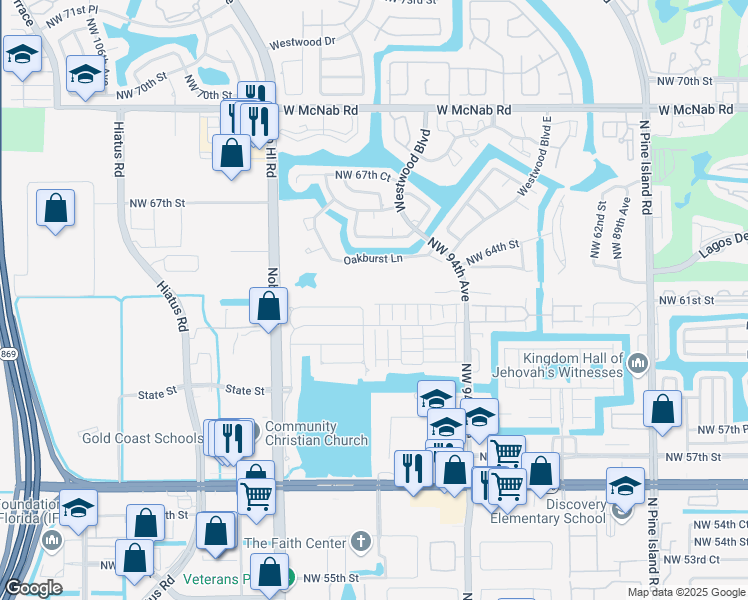 map of restaurants, bars, coffee shops, grocery stores, and more near 6009 Plum Isle Way in Tamarac