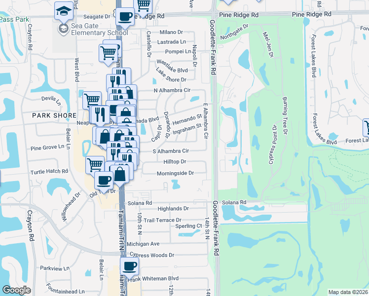 map of restaurants, bars, coffee shops, grocery stores, and more near 1246 South Alhambra Circle in Naples