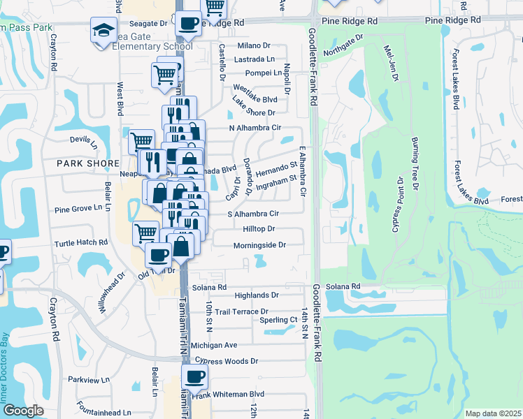 map of restaurants, bars, coffee shops, grocery stores, and more near 1246 South Alhambra Circle in Naples