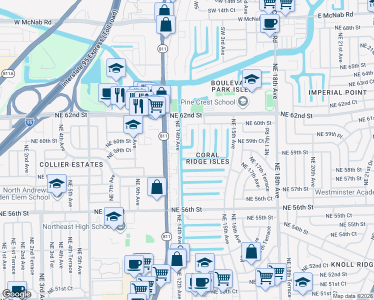 map of restaurants, bars, coffee shops, grocery stores, and more near 5840 Northeast 14th Road in Fort Lauderdale