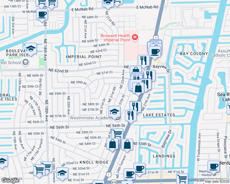 map of restaurants, bars, coffee shops, grocery stores, and more near 5870 Northeast 21st Road in Fort Lauderdale