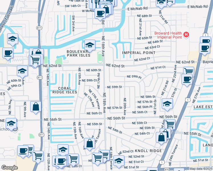 map of restaurants, bars, coffee shops, grocery stores, and more near 1800 Northeast 59th Street in Fort Lauderdale