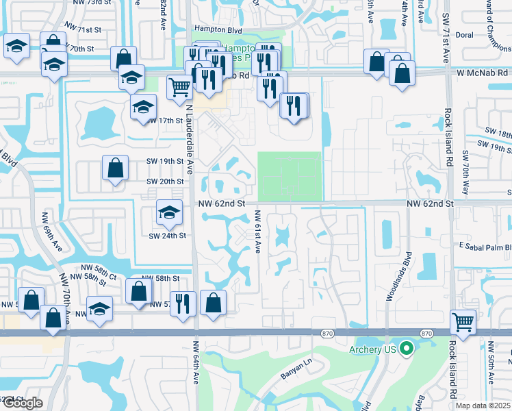 map of restaurants, bars, coffee shops, grocery stores, and more near 6200 Northwest 62nd Street in Tamarac