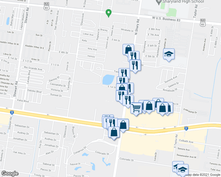 map of restaurants, bars, coffee shops, grocery stores, and more near 2210 East 1st Street in Mission
