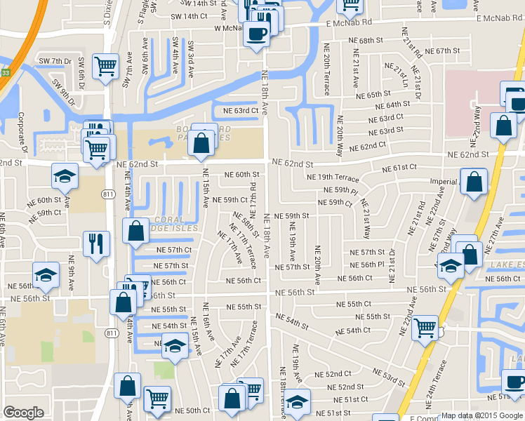 map of restaurants, bars, coffee shops, grocery stores, and more near 1800 Northeast 59th Street in Fort Lauderdale