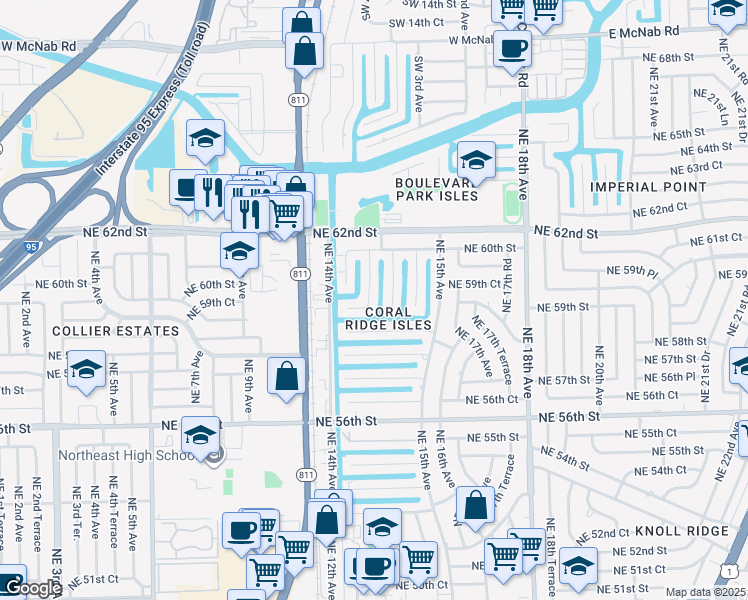 map of restaurants, bars, coffee shops, grocery stores, and more near 5840 Northeast 14th Road in Fort Lauderdale