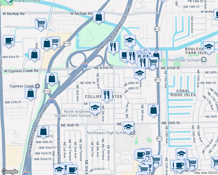 map of restaurants, bars, coffee shops, grocery stores, and more near 531 Northeast 59th Street in Fort Lauderdale