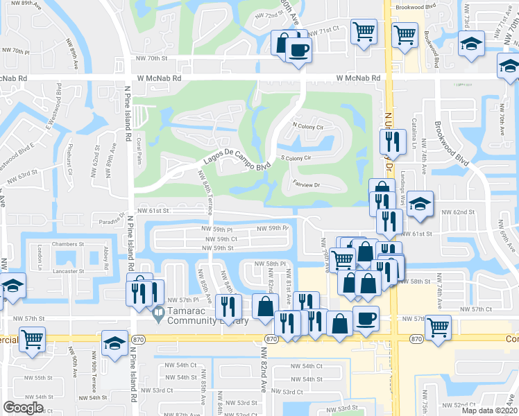 map of restaurants, bars, coffee shops, grocery stores, and more near 8205 Northwest 61st Street in Tamarac