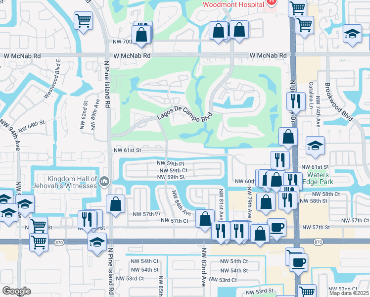 map of restaurants, bars, coffee shops, grocery stores, and more near 8300 Northwest 61st Street in Tamarac