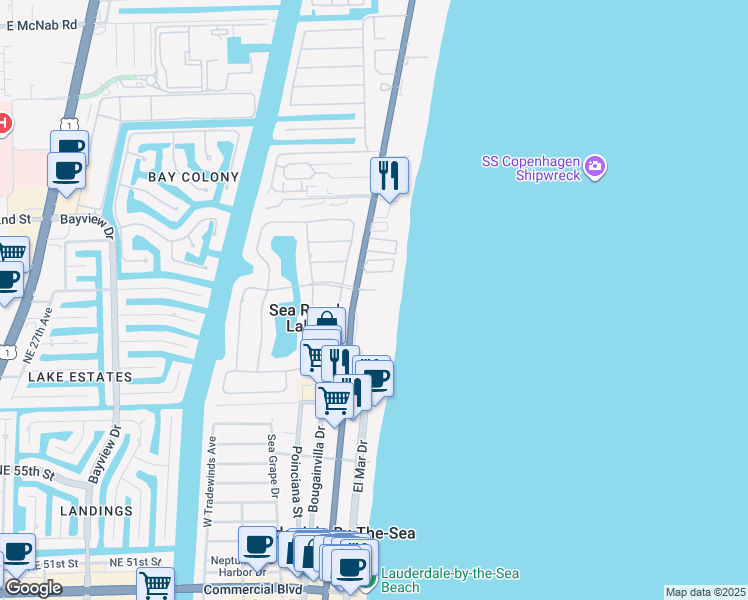 map of restaurants, bars, coffee shops, grocery stores, and more near 5220 North Ocean Boulevard in Lauderdale-by-the-Sea