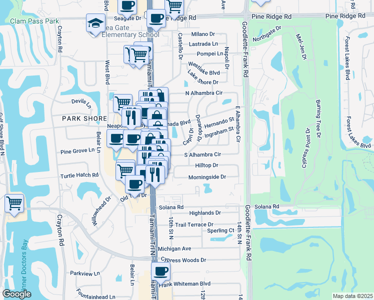 map of restaurants, bars, coffee shops, grocery stores, and more near 1136 South Alhambra Circle in Naples