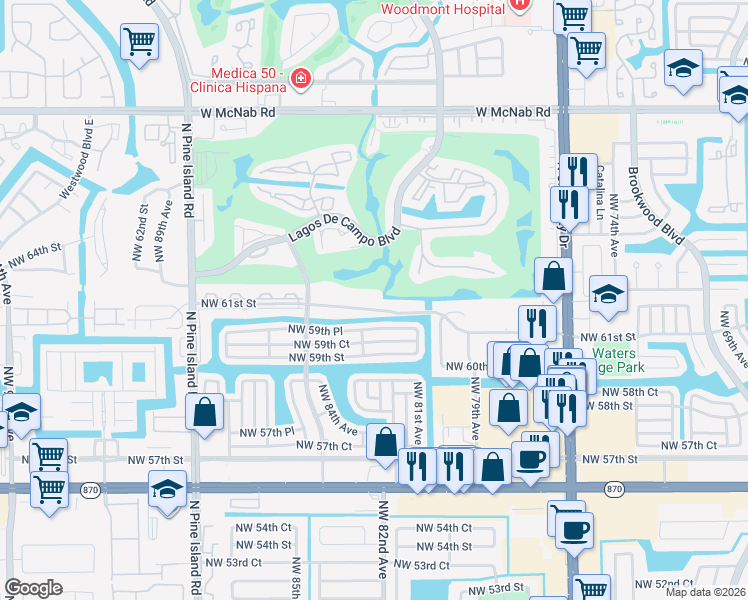 map of restaurants, bars, coffee shops, grocery stores, and more near 8205 Northwest 61st Street in Tamarac
