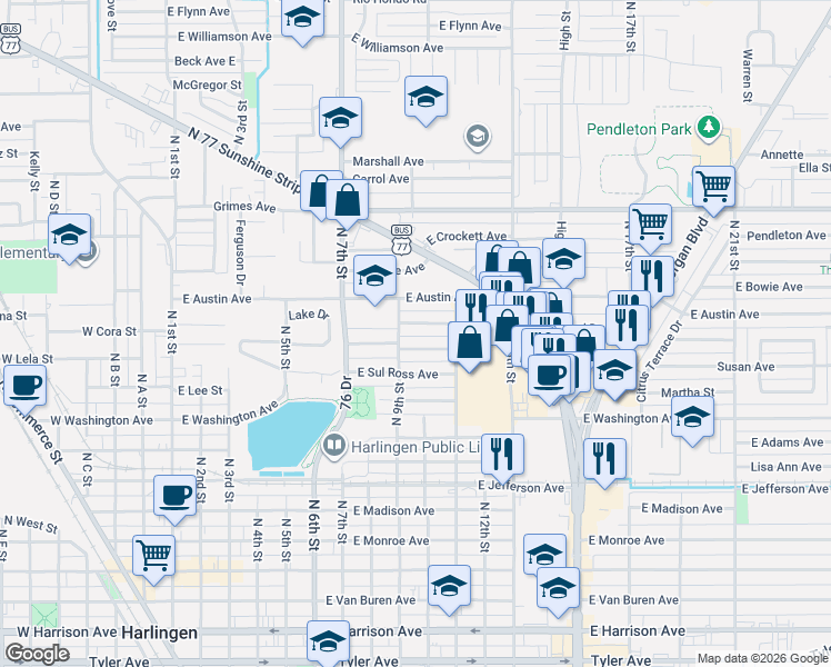 map of restaurants, bars, coffee shops, grocery stores, and more near 915 East Jim Hogg Avenue in Harlingen
