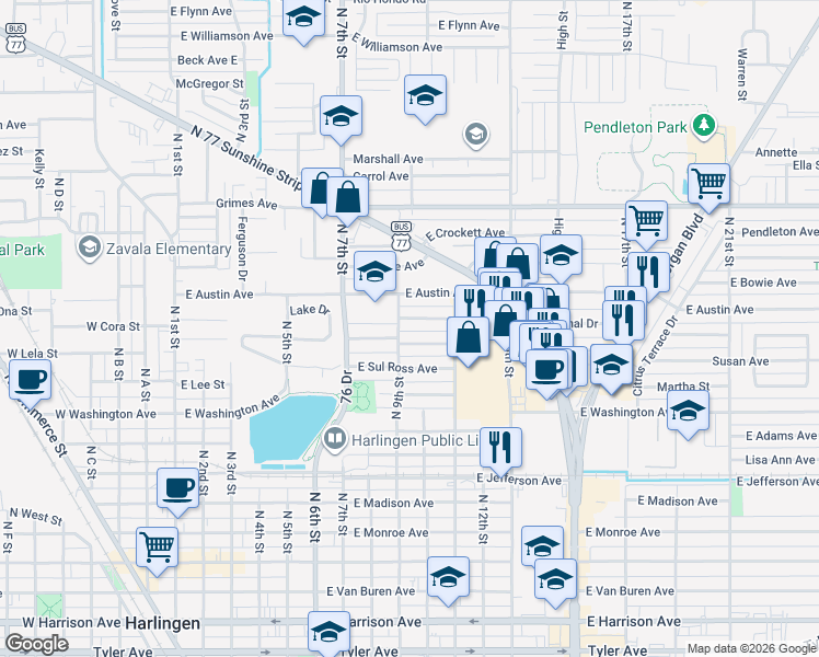 map of restaurants, bars, coffee shops, grocery stores, and more near 915 East Jim Hogg Avenue in Harlingen