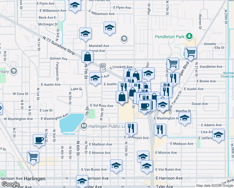 map of restaurants, bars, coffee shops, grocery stores, and more near 846-898 North 11th Street in Harlingen