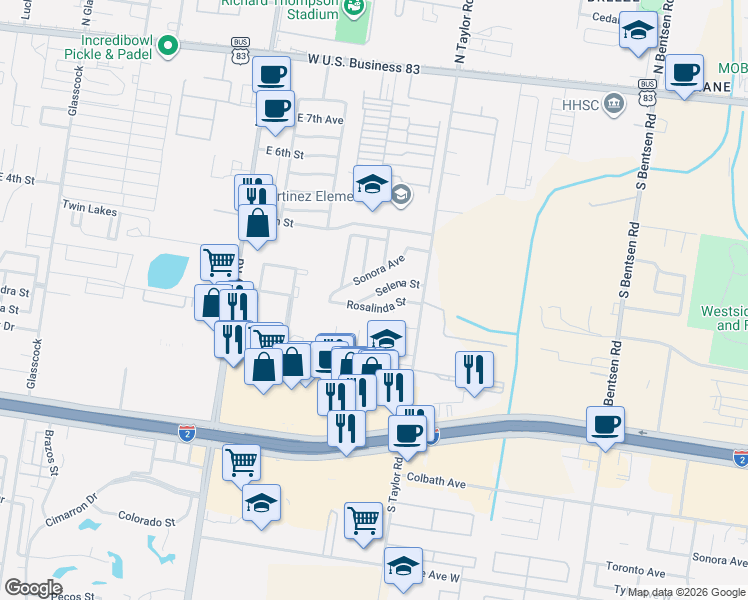 map of restaurants, bars, coffee shops, grocery stores, and more near 2608 Rosalinda Street in Mission
