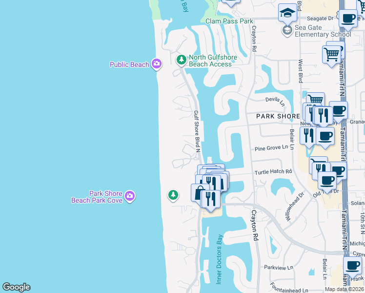 map of restaurants, bars, coffee shops, grocery stores, and more near 4401 Gulf Shore Boulevard North in Naples