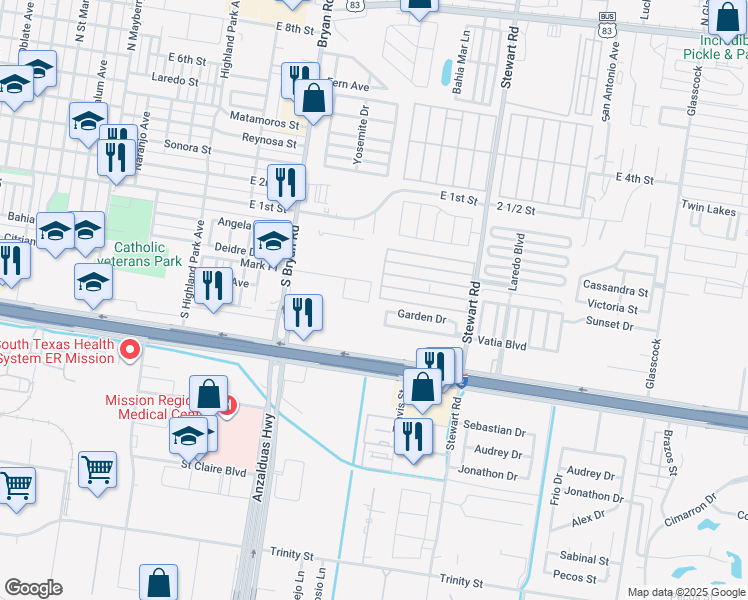 map of restaurants, bars, coffee shops, grocery stores, and more near 1370 Garden Drive in Mission