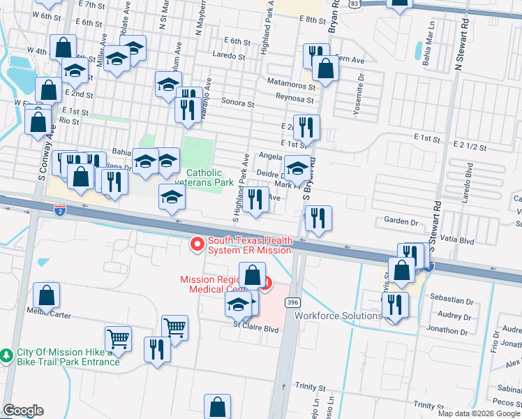 map of restaurants, bars, coffee shops, grocery stores, and more near 1302 Luther Lane in Mission