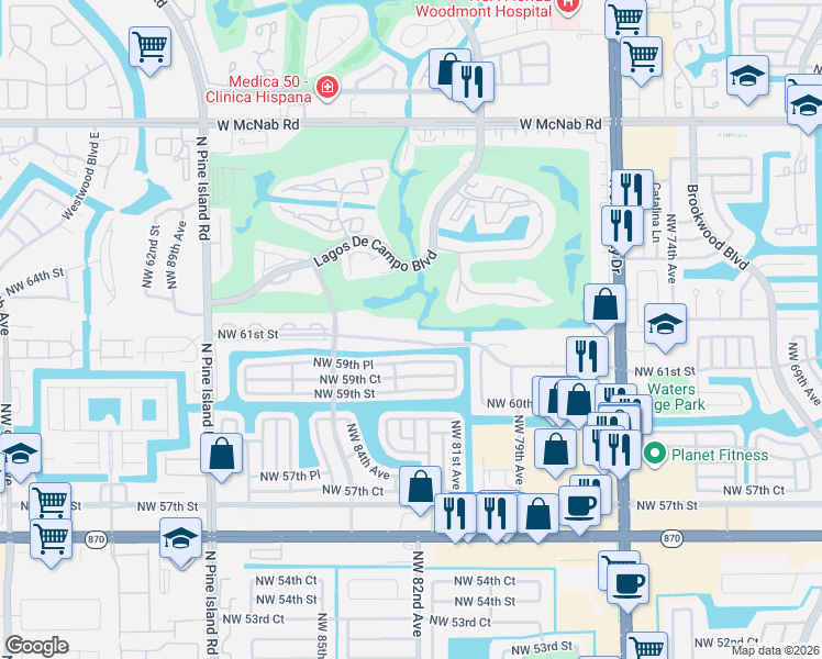 map of restaurants, bars, coffee shops, grocery stores, and more near 8205 Northwest 61st Street in Tamarac