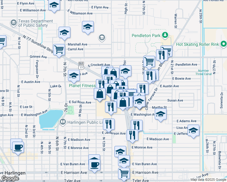 map of restaurants, bars, coffee shops, grocery stores, and more near 801 North 77 Sunshine Strip in Harlingen