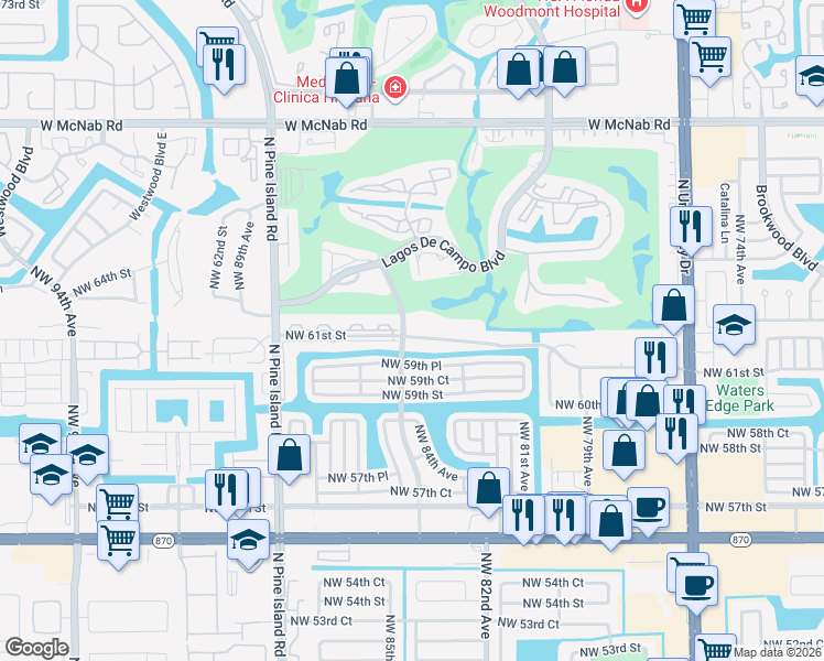 map of restaurants, bars, coffee shops, grocery stores, and more near 8432 Northwest 61st Street in Tamarac