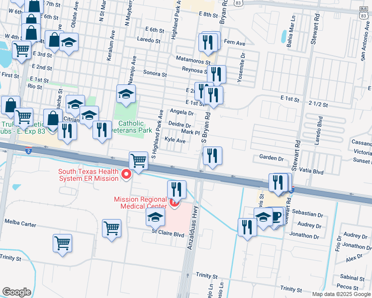 map of restaurants, bars, coffee shops, grocery stores, and more near Diane Drive in Mission