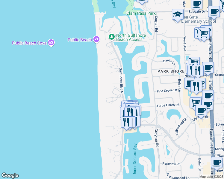 map of restaurants, bars, coffee shops, grocery stores, and more near 4401 Gulf Shore Boulevard North in Naples