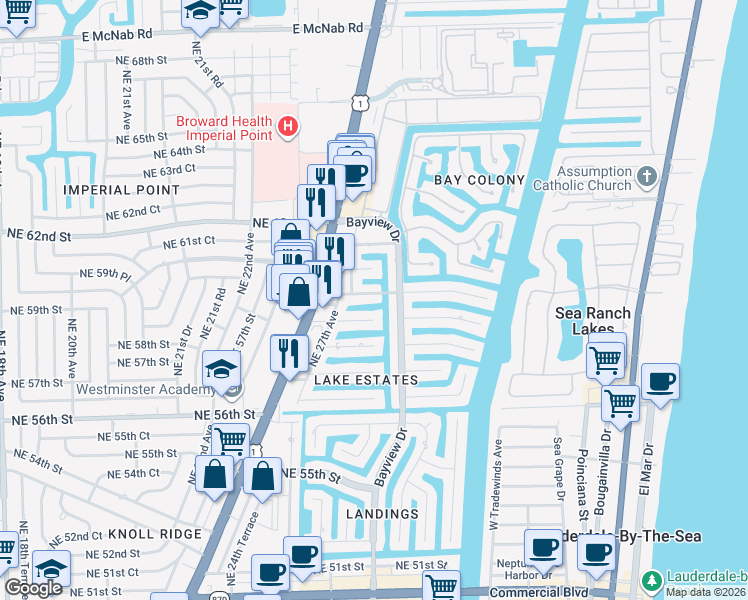 map of restaurants, bars, coffee shops, grocery stores, and more near 2741 Northeast 58th Street in Fort Lauderdale
