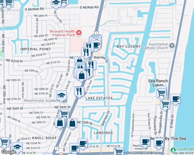 map of restaurants, bars, coffee shops, grocery stores, and more near 2741 Northeast 58th Street in Fort Lauderdale