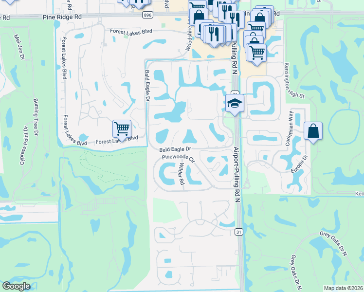 map of restaurants, bars, coffee shops, grocery stores, and more near 2395 Pinewoods Circle in Naples