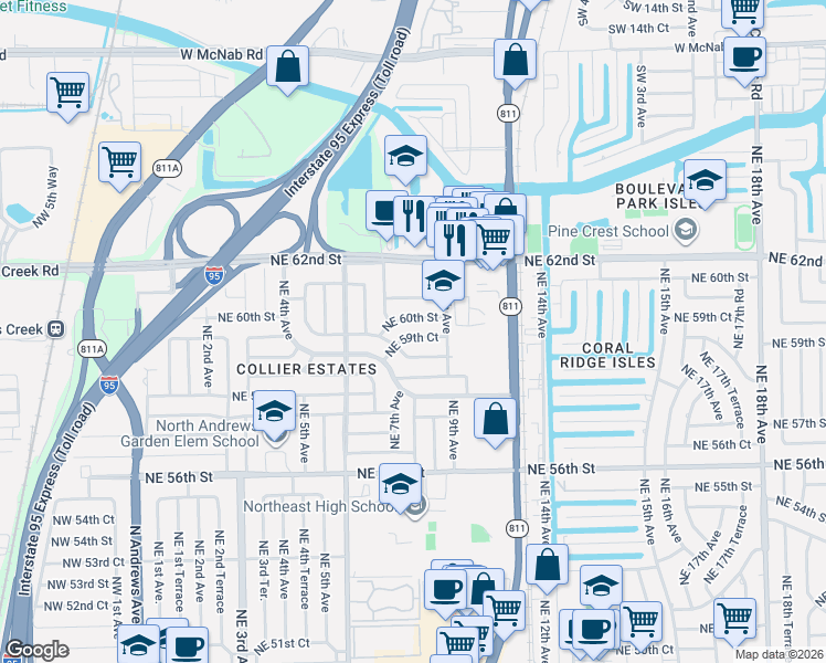 map of restaurants, bars, coffee shops, grocery stores, and more near 811 Northeast 59th Street in Fort Lauderdale