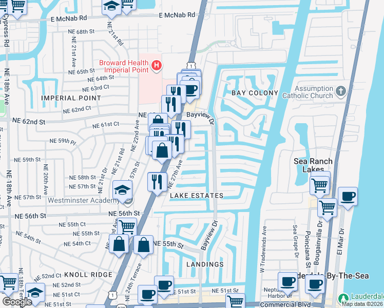 map of restaurants, bars, coffee shops, grocery stores, and more near 2741 Northeast 58th Street in Fort Lauderdale