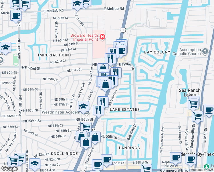 map of restaurants, bars, coffee shops, grocery stores, and more near 5975 North Federal Highway in Fort Lauderdale