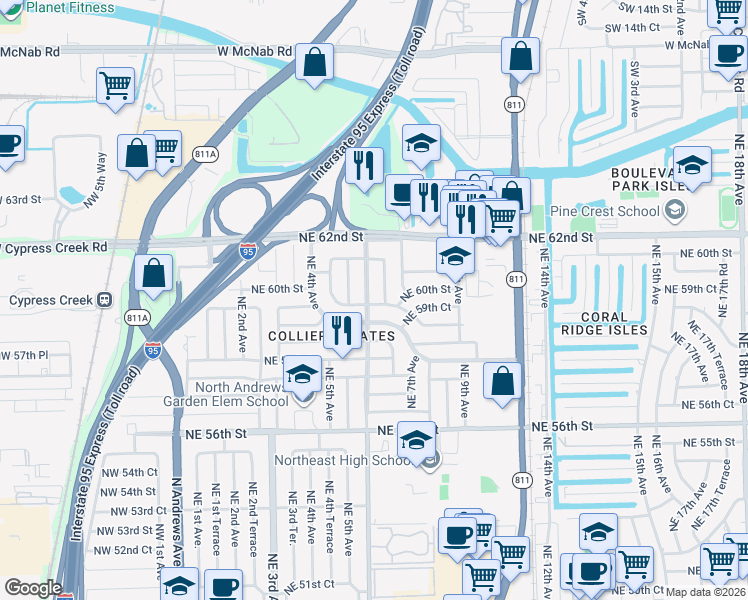 map of restaurants, bars, coffee shops, grocery stores, and more near 601 Northeast 59th Street in Fort Lauderdale