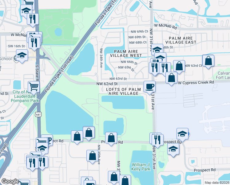 map of restaurants, bars, coffee shops, grocery stores, and more near 6100 Northwest 33rd Way in Fort Lauderdale