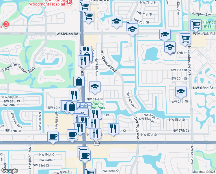 map of restaurants, bars, coffee shops, grocery stores, and more near 6108 Northwest 73rd Terrace in Tamarac