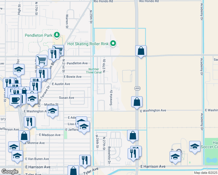map of restaurants, bars, coffee shops, grocery stores, and more near 754 Sonesta Drive in Harlingen