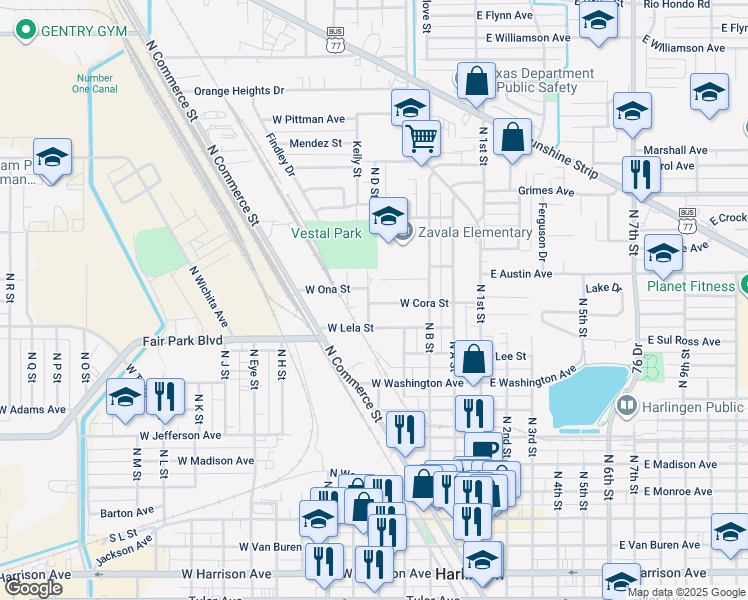 map of restaurants, bars, coffee shops, grocery stores, and more near 508 West Lela Street in Harlingen