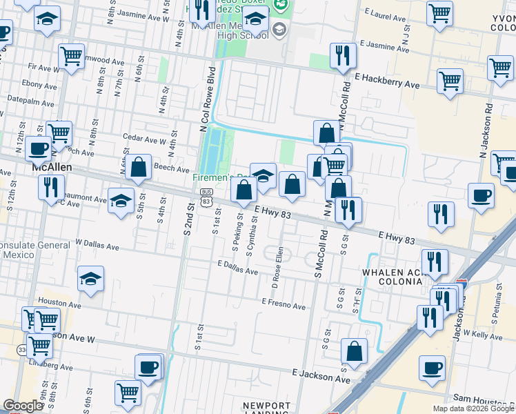 map of restaurants, bars, coffee shops, grocery stores, and more near 304 U.S. 83 Business in McAllen