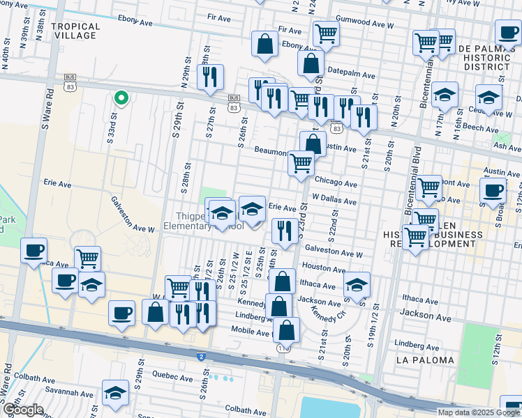 map of restaurants, bars, coffee shops, grocery stores, and more near 2500 Galveston Avenue in McAllen