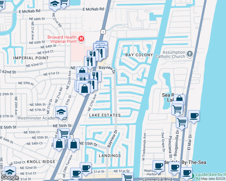 map of restaurants, bars, coffee shops, grocery stores, and more near 5811 Bayview Drive in Fort Lauderdale