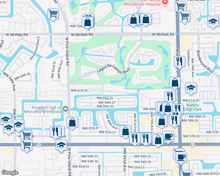 map of restaurants, bars, coffee shops, grocery stores, and more near 8405 Northwest 61st Street in Tamarac