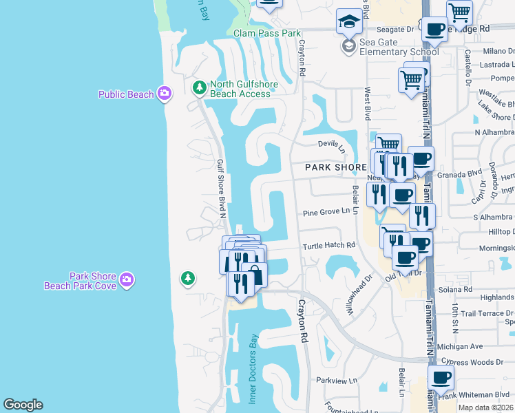 map of restaurants, bars, coffee shops, grocery stores, and more near 309 Neapolitan Way in Naples