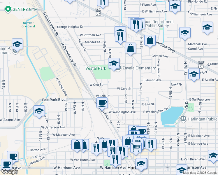 map of restaurants, bars, coffee shops, grocery stores, and more near 817 North D Street in Harlingen