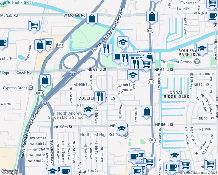map of restaurants, bars, coffee shops, grocery stores, and more near 601 Northeast 59th Street in Fort Lauderdale