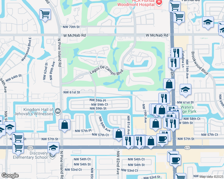 map of restaurants, bars, coffee shops, grocery stores, and more near 8205 Northwest 61st Street in Tamarac