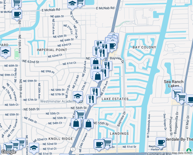 map of restaurants, bars, coffee shops, grocery stores, and more near 5975 North Federal Highway in Fort Lauderdale