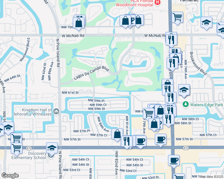 map of restaurants, bars, coffee shops, grocery stores, and more near 8205 Northwest 61st Street in Tamarac