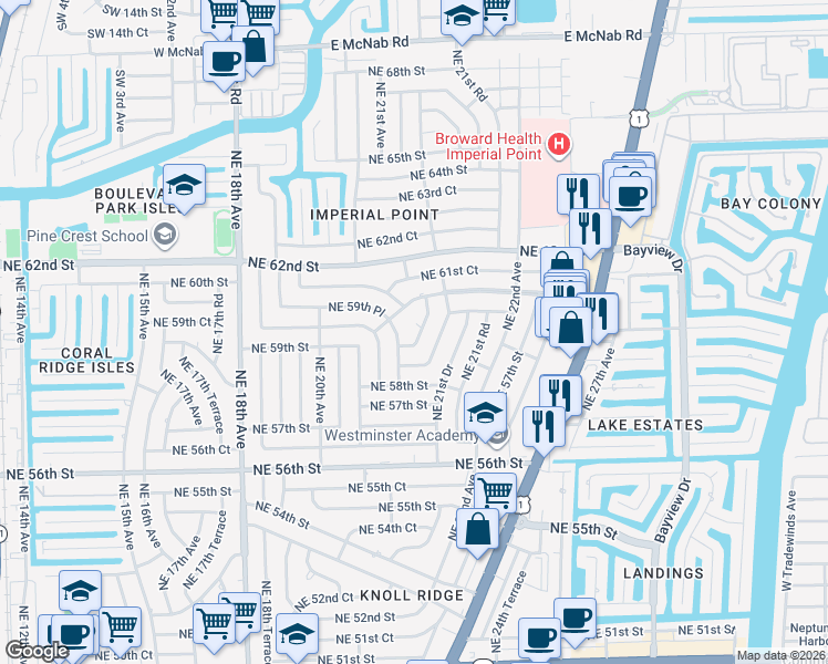 map of restaurants, bars, coffee shops, grocery stores, and more near 2128 Imperial Point Drive in Fort Lauderdale